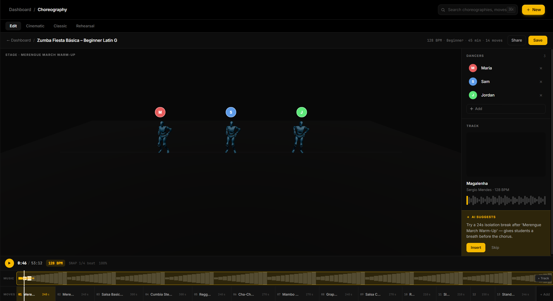 Offbeat dashboard showing the Zumba Fiesta Básica class with 14 moves, timeline, and AI music suggestion